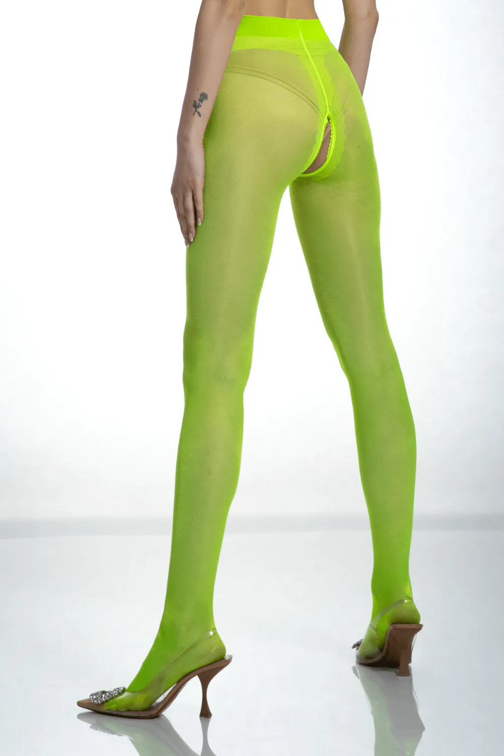 Crotchless Gloss Fluo Yellow Tights 20 Denier