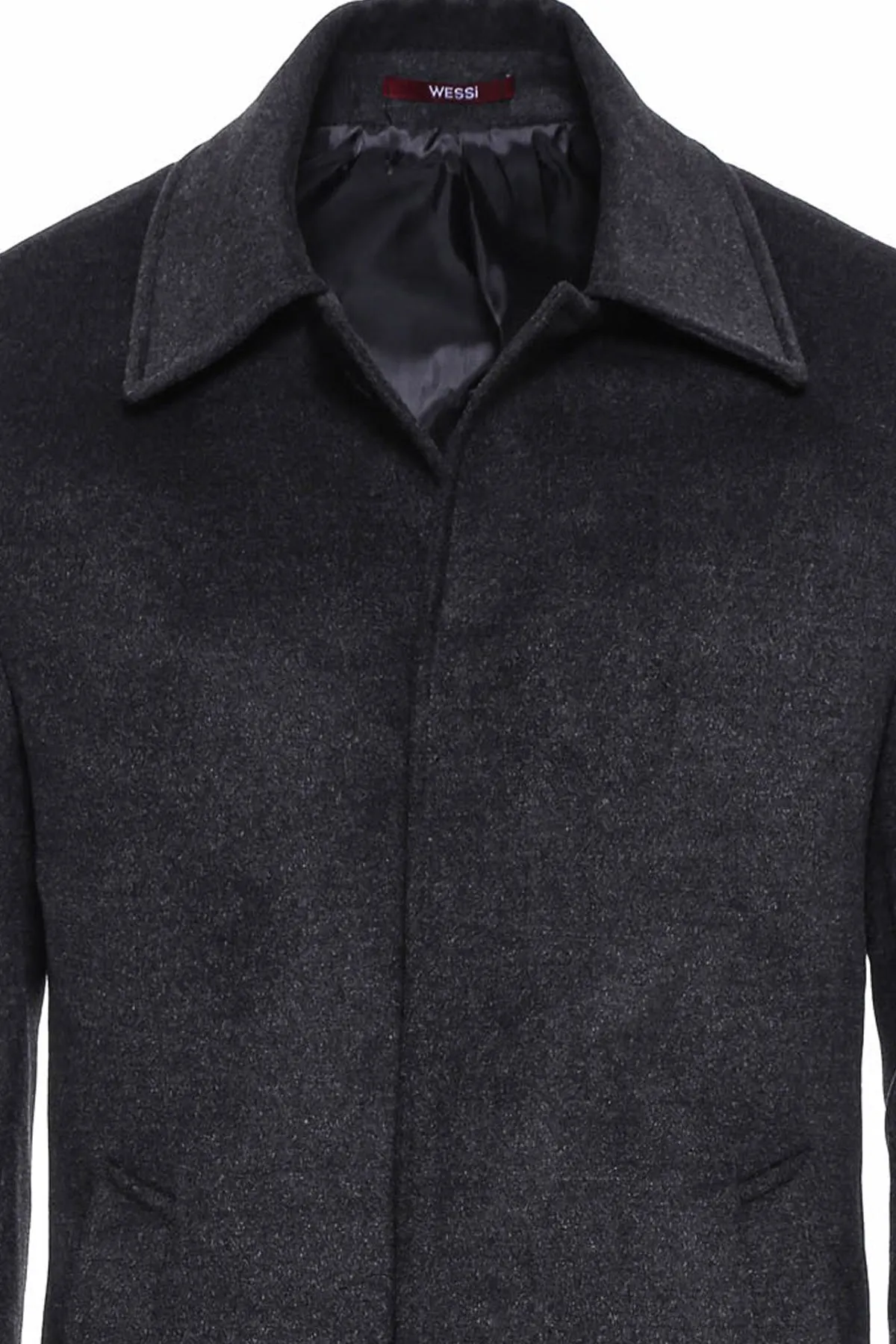 Dark Grey Hidden Button Peak Lapel Coat - Wessi