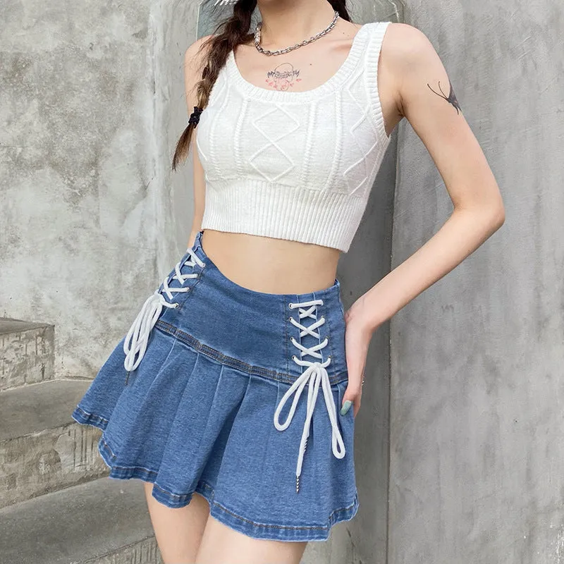 Denim High Waist Pleated Skirt Female - Women's Bottom