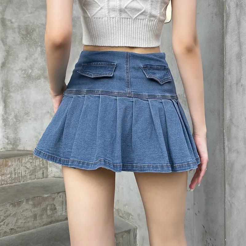 Denim High Waist Pleated Skirt Female - Women's Bottom