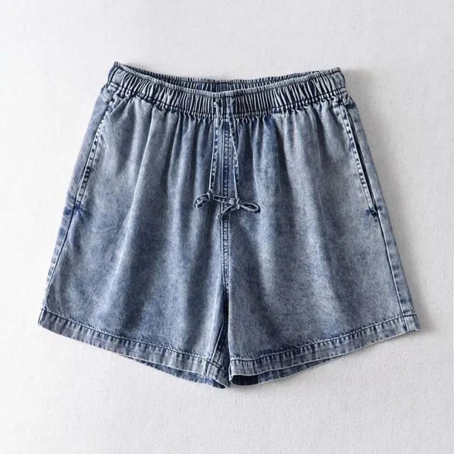 Denim Shorts Women's Drawstring Loose Pockets High Waist Casual Shorts