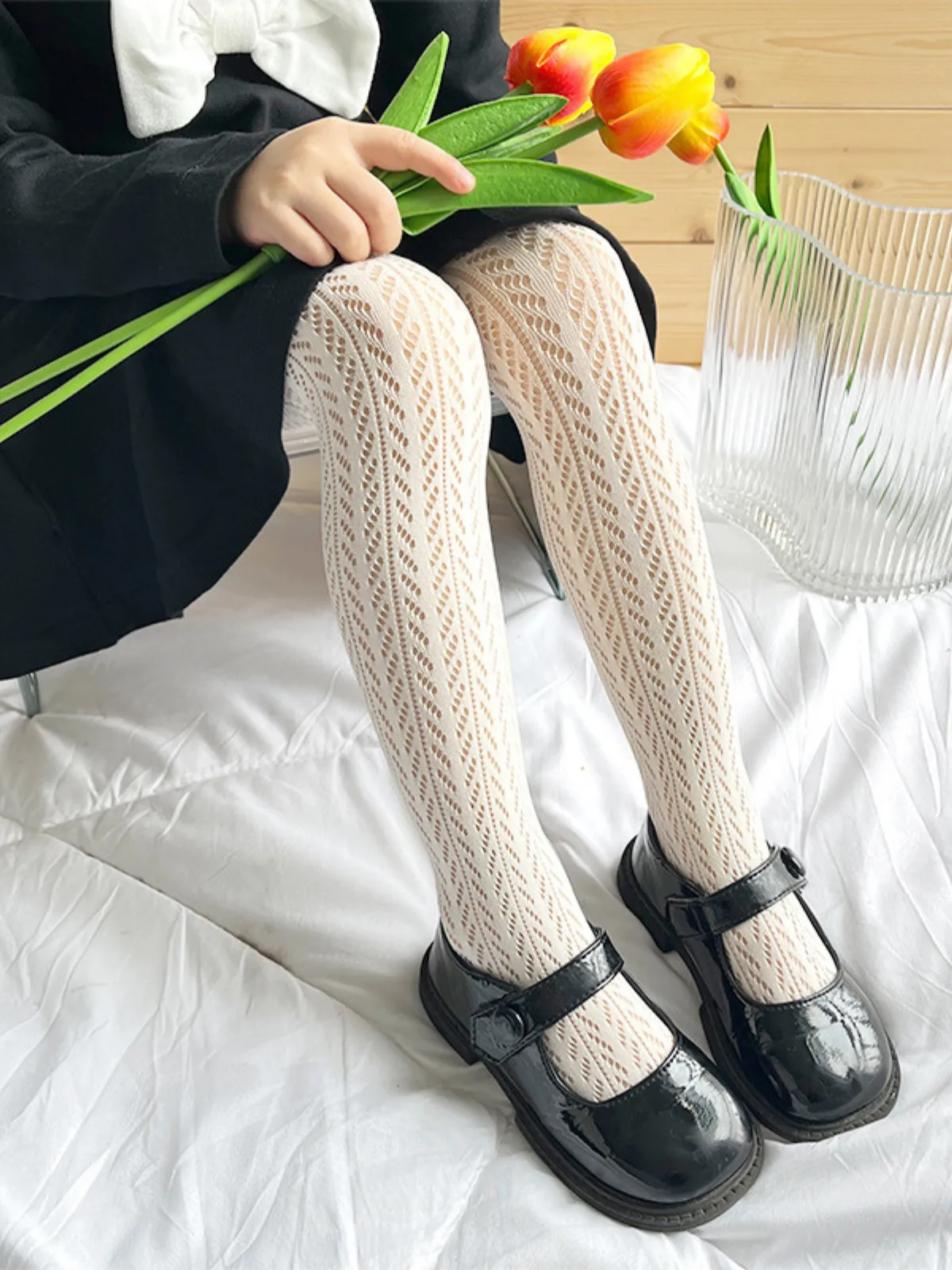 Elegant Touch Patterned Girls Black Tights