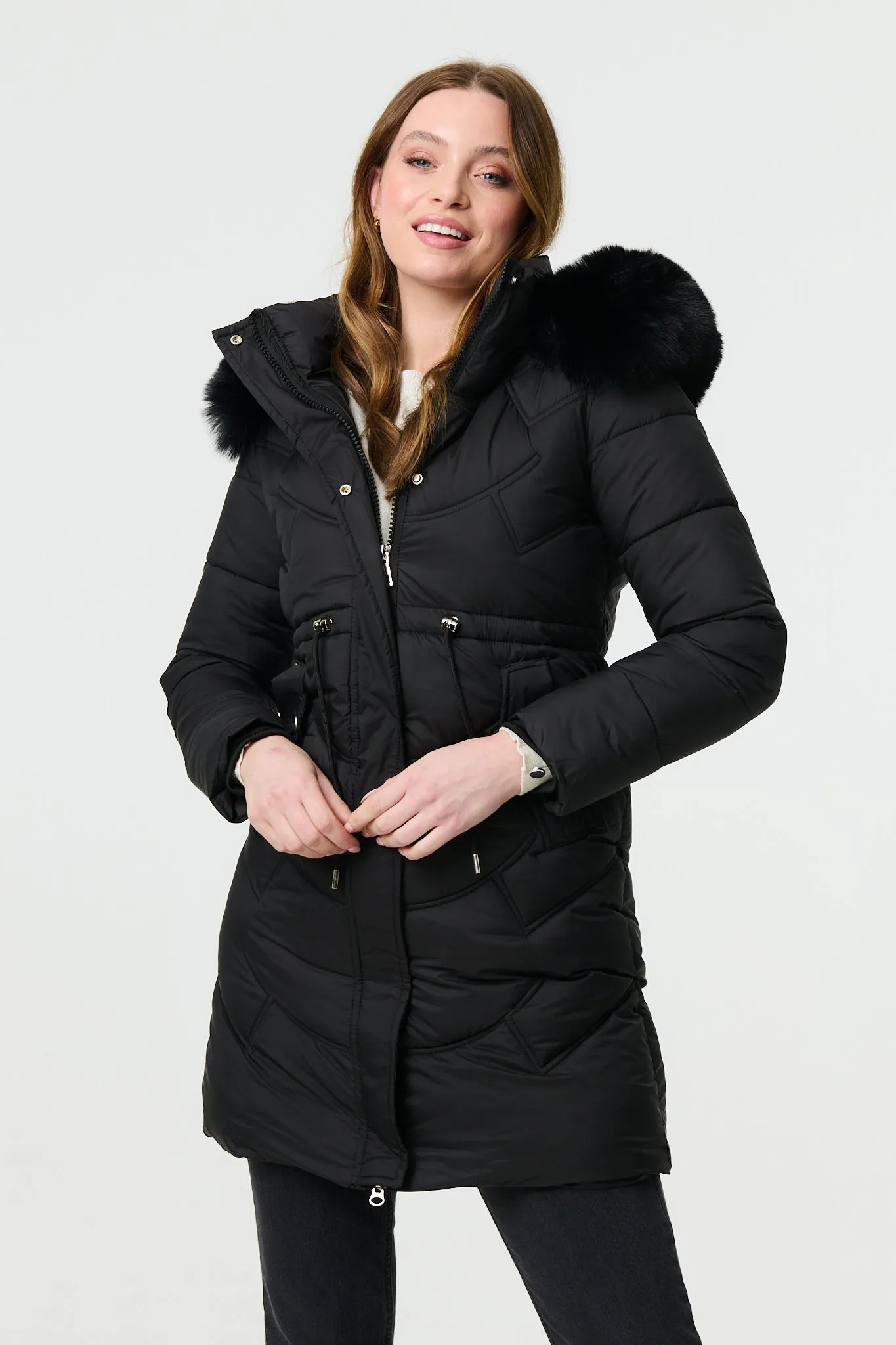 Faux Fur Hood Longline Puffer Jacket