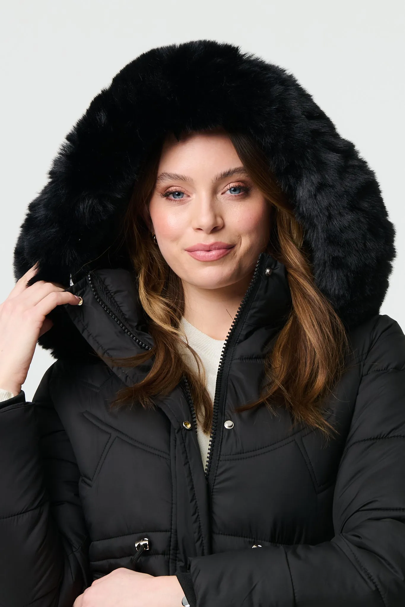 Faux Fur Hood Longline Puffer Jacket