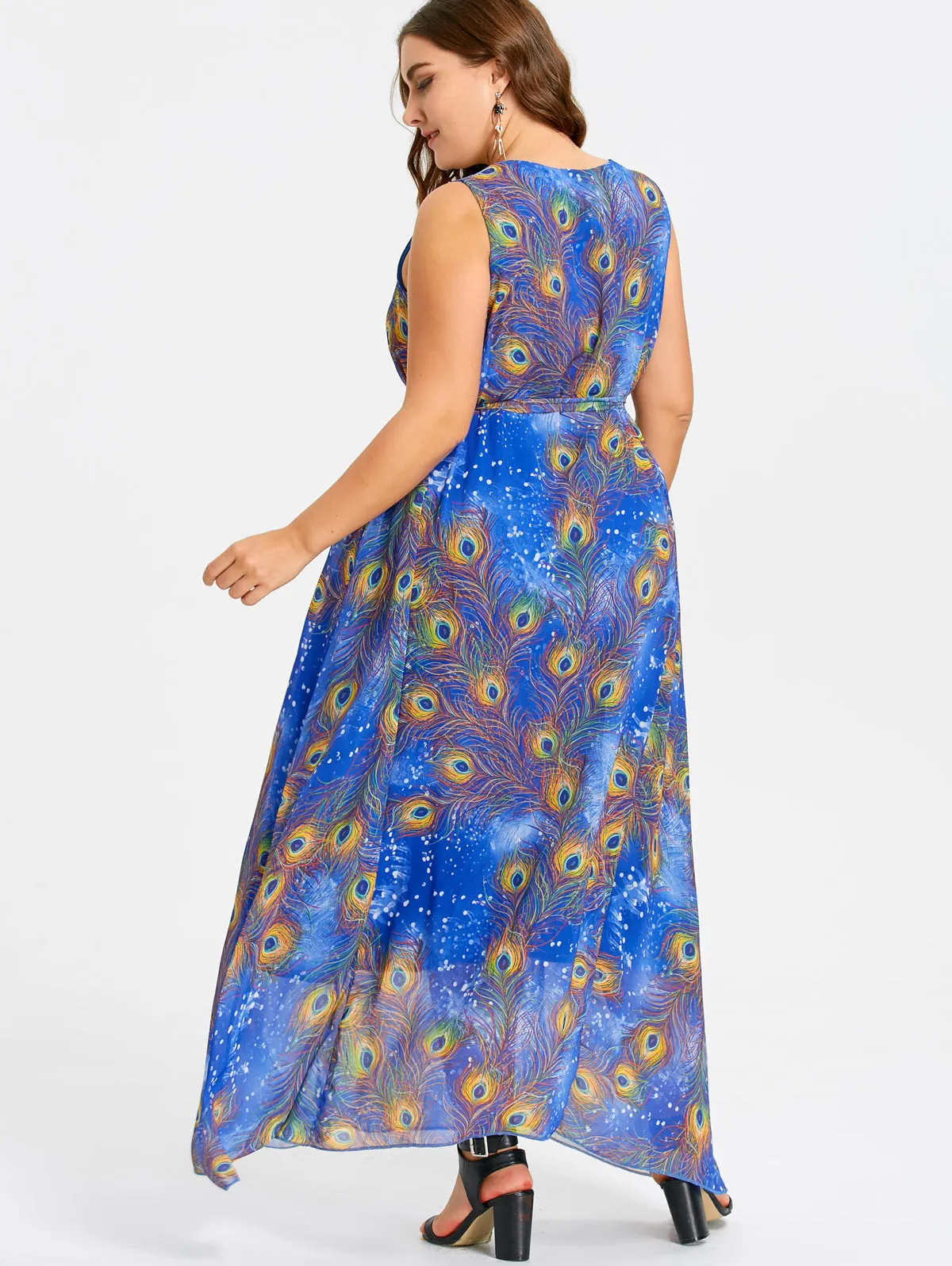 Feather Print Maxi Chiffon Dress