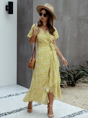 Floral Tied Flutter Sleeve Surplice Dress