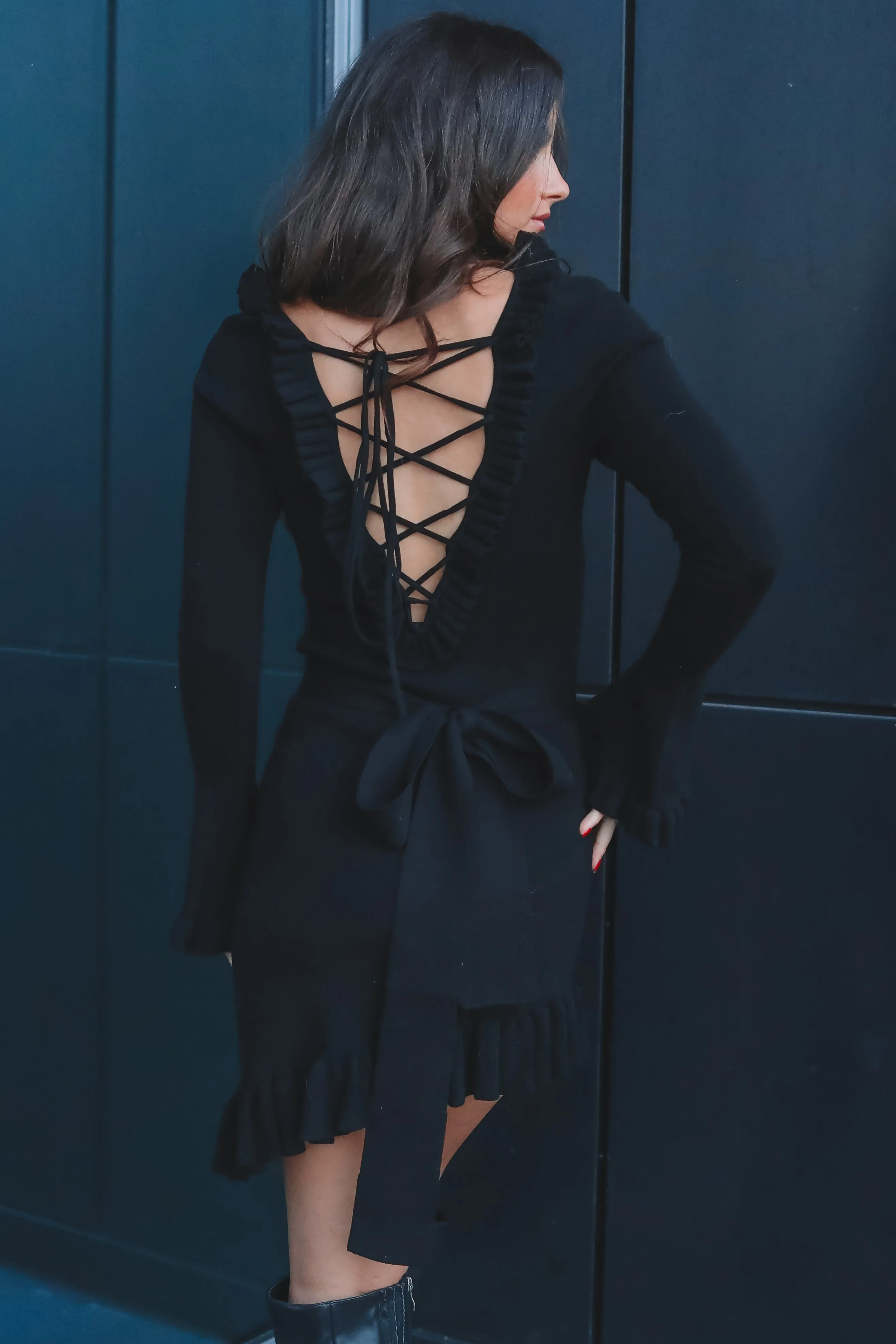 FOR LOVE & LEMONS Stevie Black Sweater Long Sleeve Mini Dress