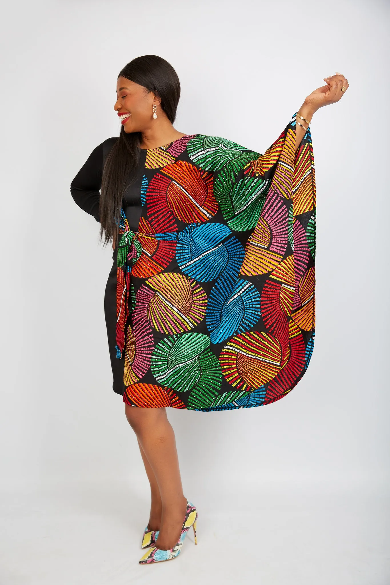 Fully Embellished Mixed Print Ankara Fitted Combo Dress - Dumebi