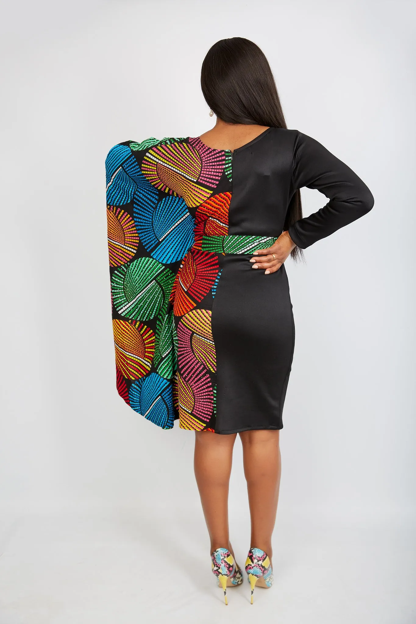 Fully Embellished Mixed Print Ankara Fitted Combo Dress - Dumebi