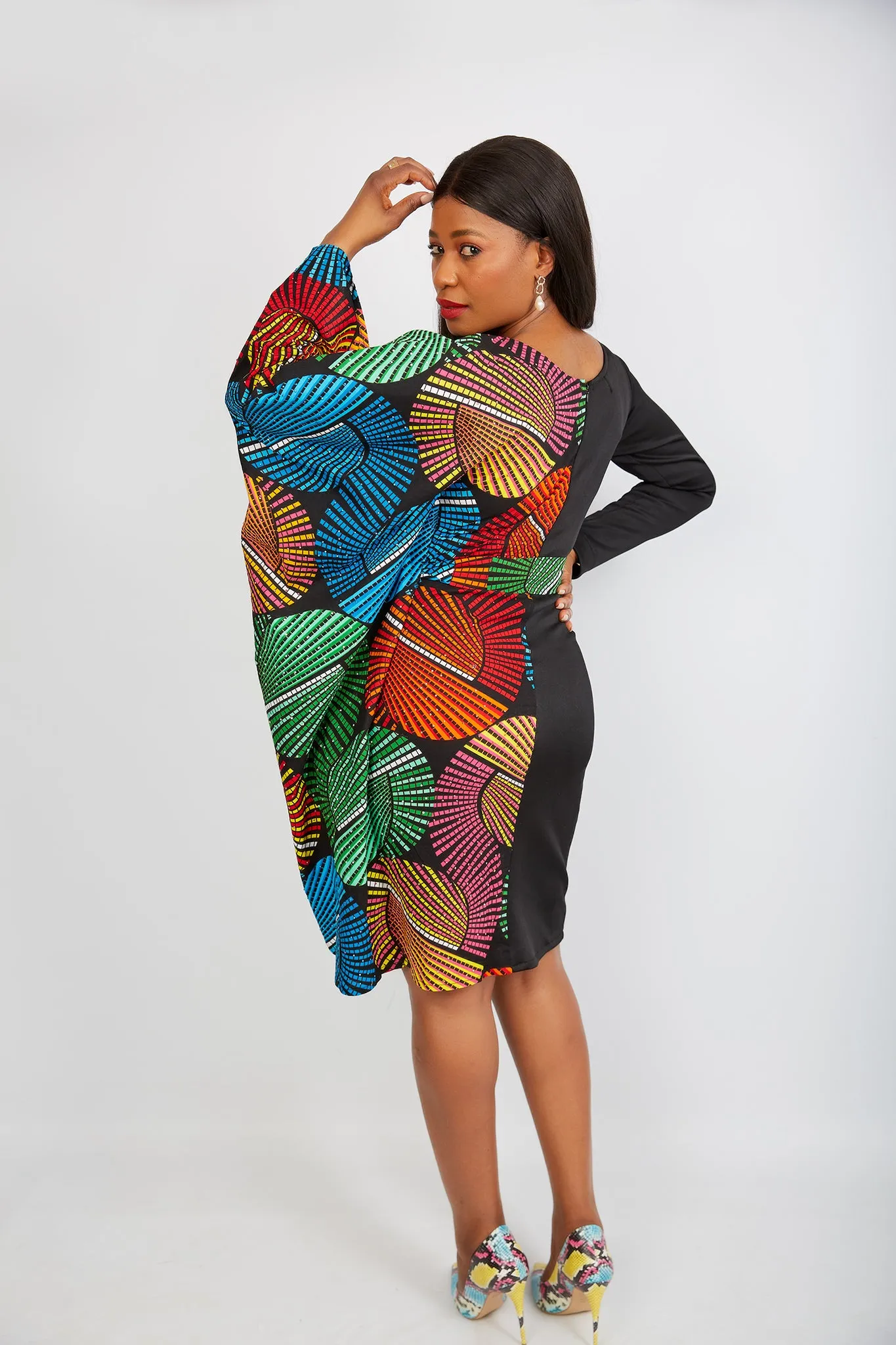 Fully Embellished Mixed Print Ankara Fitted Combo Dress - Dumebi