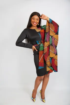 Fully Embellished Mixed Print Ankara Fitted Combo Dress - Dumebi