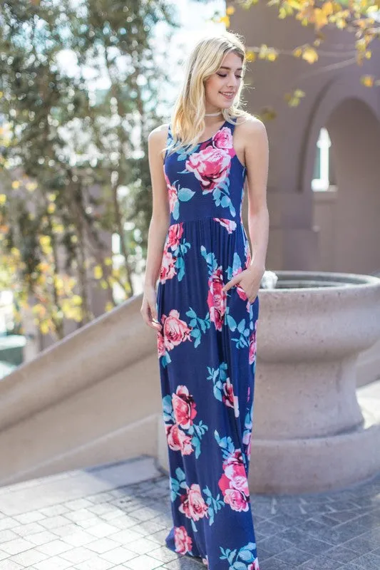 Garden Party Maxi Dress - Navy Rose Print