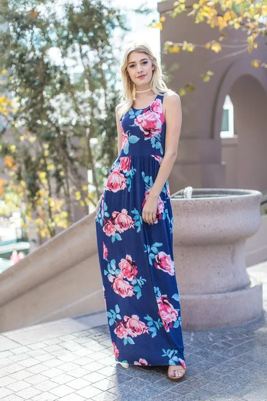 Garden Party Maxi Dress - Navy Rose Print