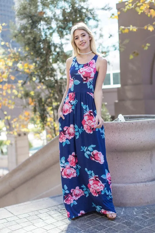 Garden Party Maxi Dress - Navy Rose Print