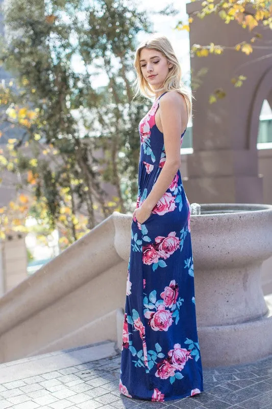 Garden Party Maxi Dress - Navy Rose Print