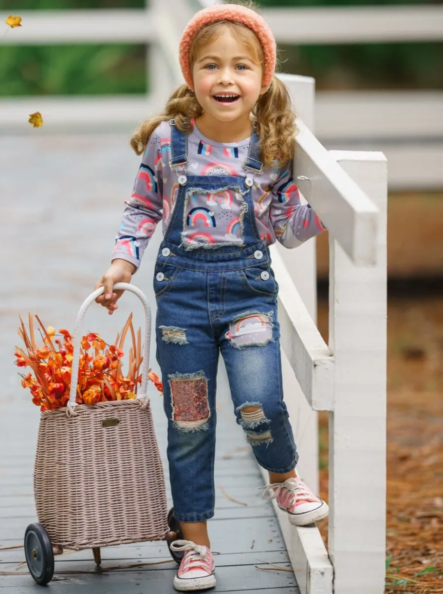 Girls Chase Rainbows Top and Denim Overall Set