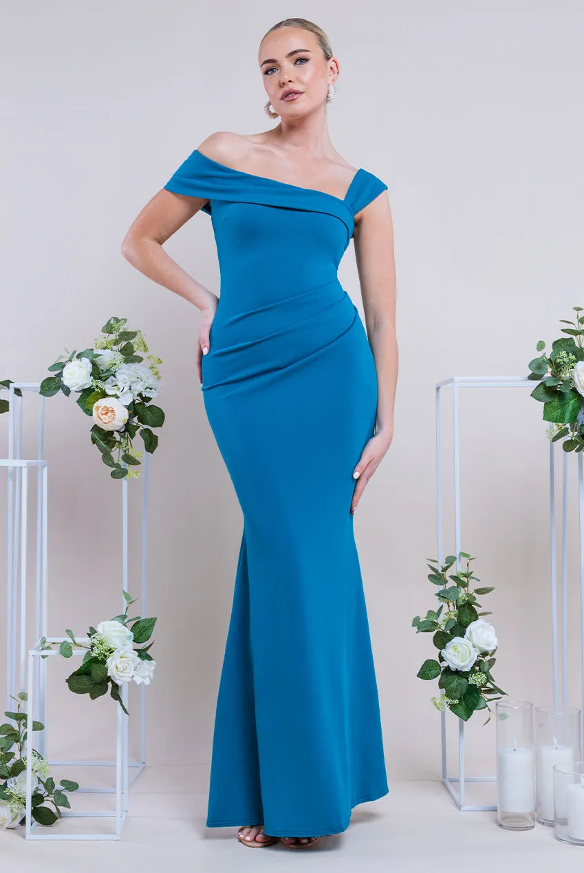 Goddiva Off The Shoulder Pleated Waist Maxi Dress - Teal Blue