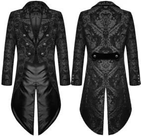 Gothic Steampunk Tail Jacket in Black Brocade with Silver Buttons