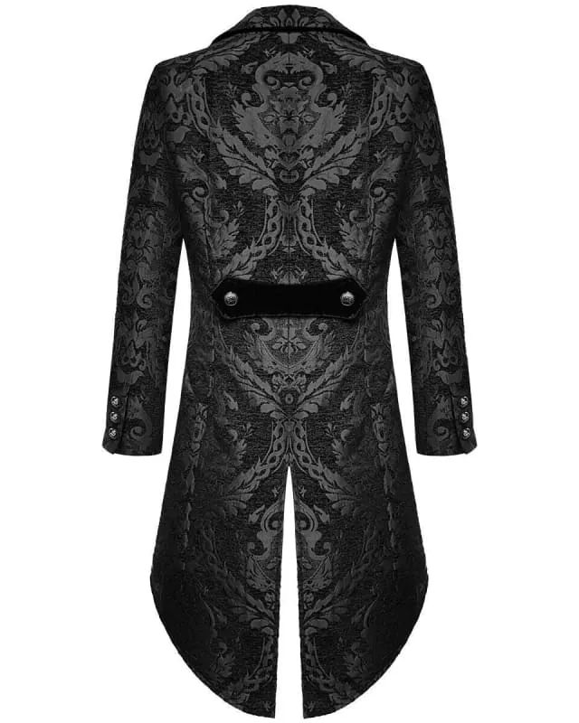 Gothic Steampunk Tail Jacket in Black Brocade with Silver Buttons