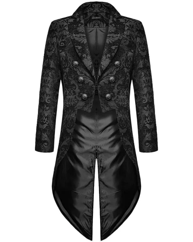 Gothic Steampunk Tail Jacket in Black Brocade with Silver Buttons