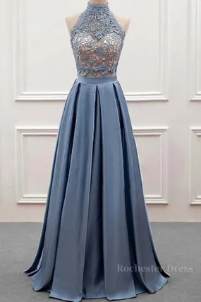 High Neck Two Pieces Blue Lace Long Prom Dress, 2 Pieces Blue Lace Formal Dress, Blue Evening Dress