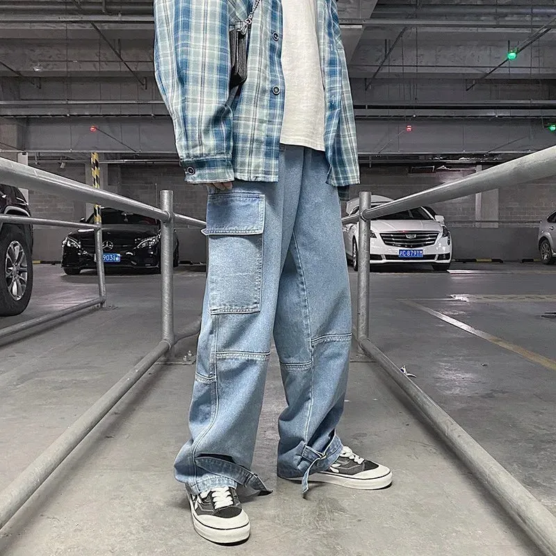 Ilooove Cargo jeans Men Wide Leg Denim pants  2024 Autumn Loose Straight Baggy Men's Jeans hip hop Streetwear Skateboard Neutral denim