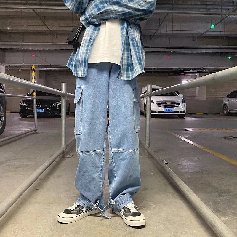 Ilooove Cargo jeans Men Wide Leg Denim pants  2024 Autumn Loose Straight Baggy Men's Jeans hip hop Streetwear Skateboard Neutral denim