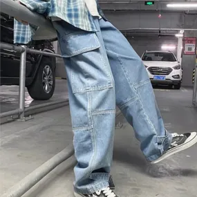 Ilooove Cargo jeans Men Wide Leg Denim pants  2024 Autumn Loose Straight Baggy Men's Jeans hip hop Streetwear Skateboard Neutral denim