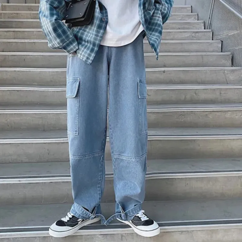 Ilooove Cargo jeans Men Wide Leg Denim pants  2024 Autumn Loose Straight Baggy Men's Jeans hip hop Streetwear Skateboard Neutral denim