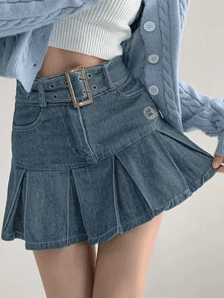 Joskaa Buckle Belt Pleated Denim Mini Skirt