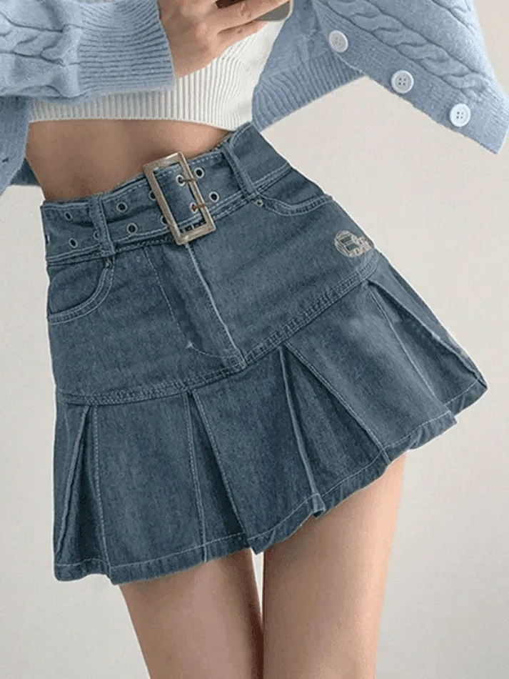 Joskaa Buckle Belt Pleated Denim Mini Skirt