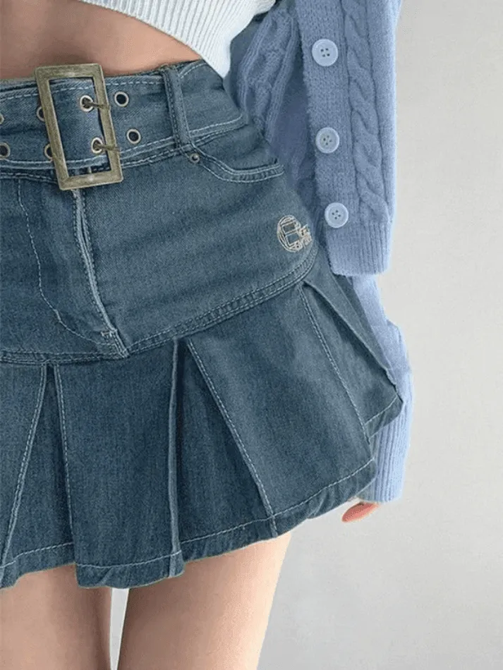 Joskaa Buckle Belt Pleated Denim Mini Skirt