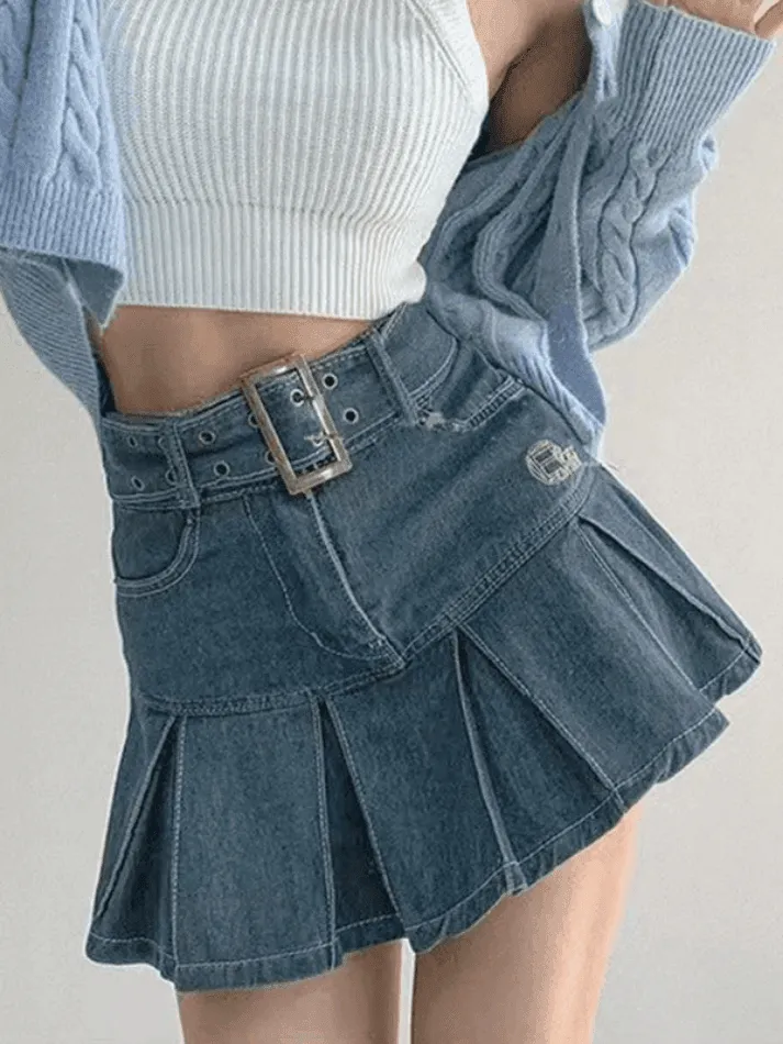 Joskaa Buckle Belt Pleated Denim Mini Skirt