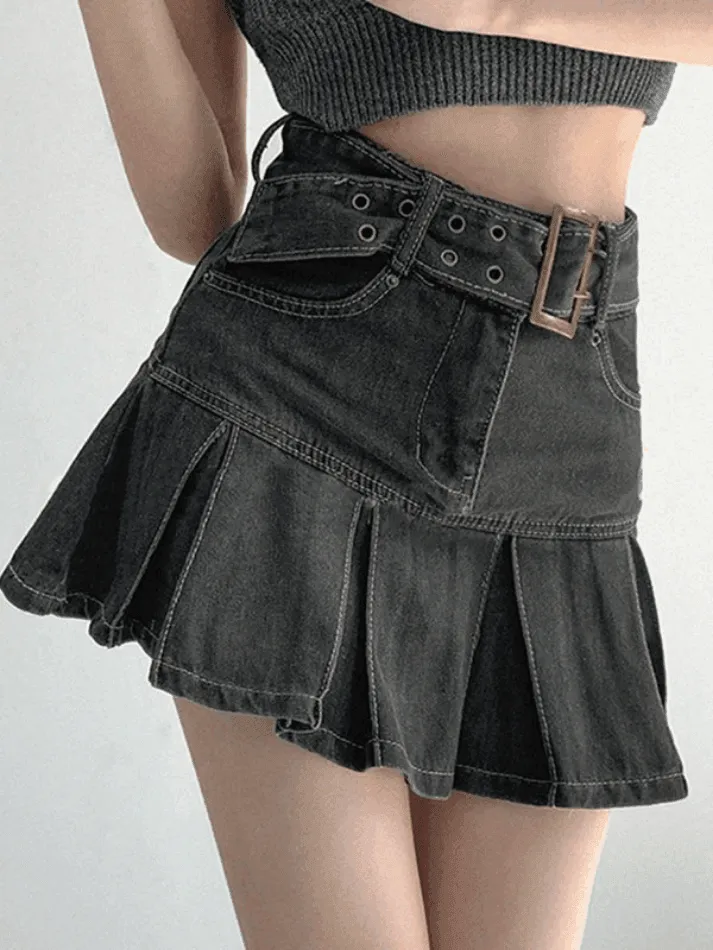 Joskaa Buckle Belt Pleated Denim Mini Skirt