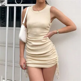 Joskaa hoco dresses Cotton Ruched Drawstring Sexy Party Dress Women Sleeveless Elastic Mini Dress Vintage Summer Bodycon Club Wear Vestidos