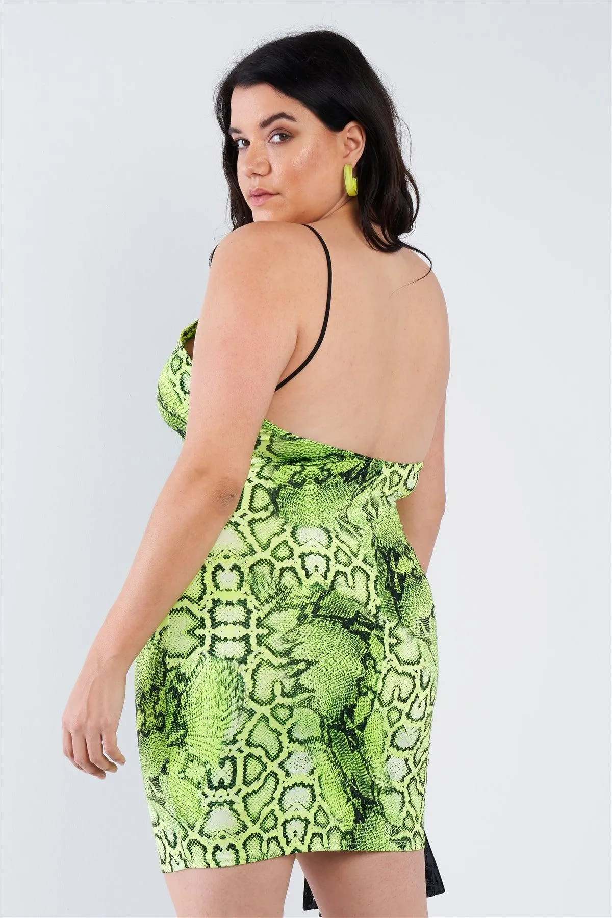 Junior Plus Size Neon Lime Snake Print Open Back Mini Dress /2-2-2