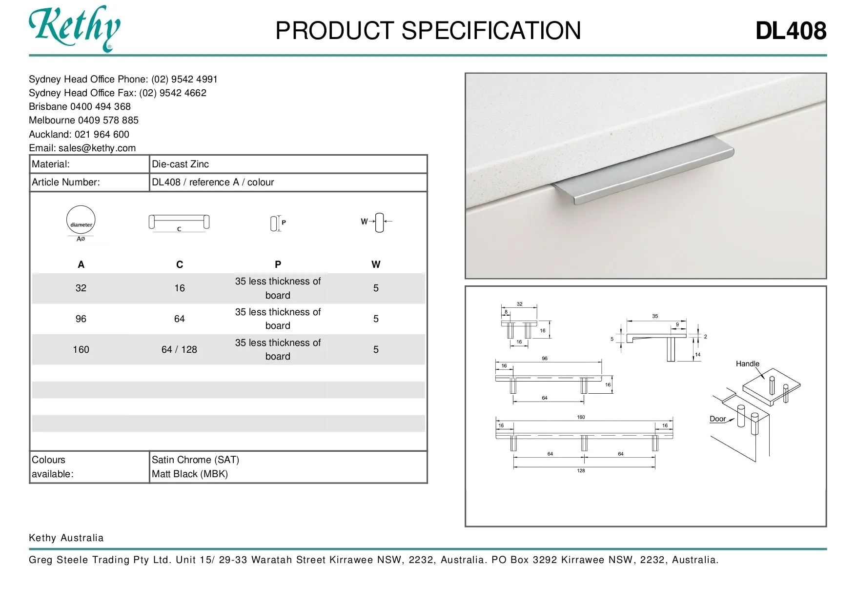 KETHY DL408 CABINET EDGE PULL 96MM