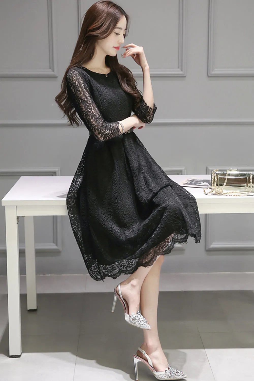 Ketty More Women Flower Lace Soft Feel Stylish Black Dress-KMWD470