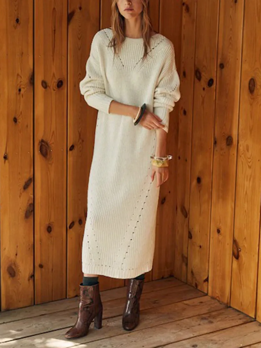 Knitted Warm Solid Color Loose Round Neck Casual Dress