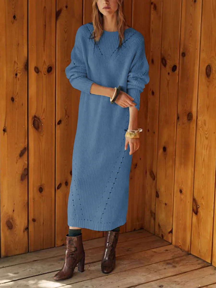 Knitted Warm Solid Color Loose Round Neck Casual Dress