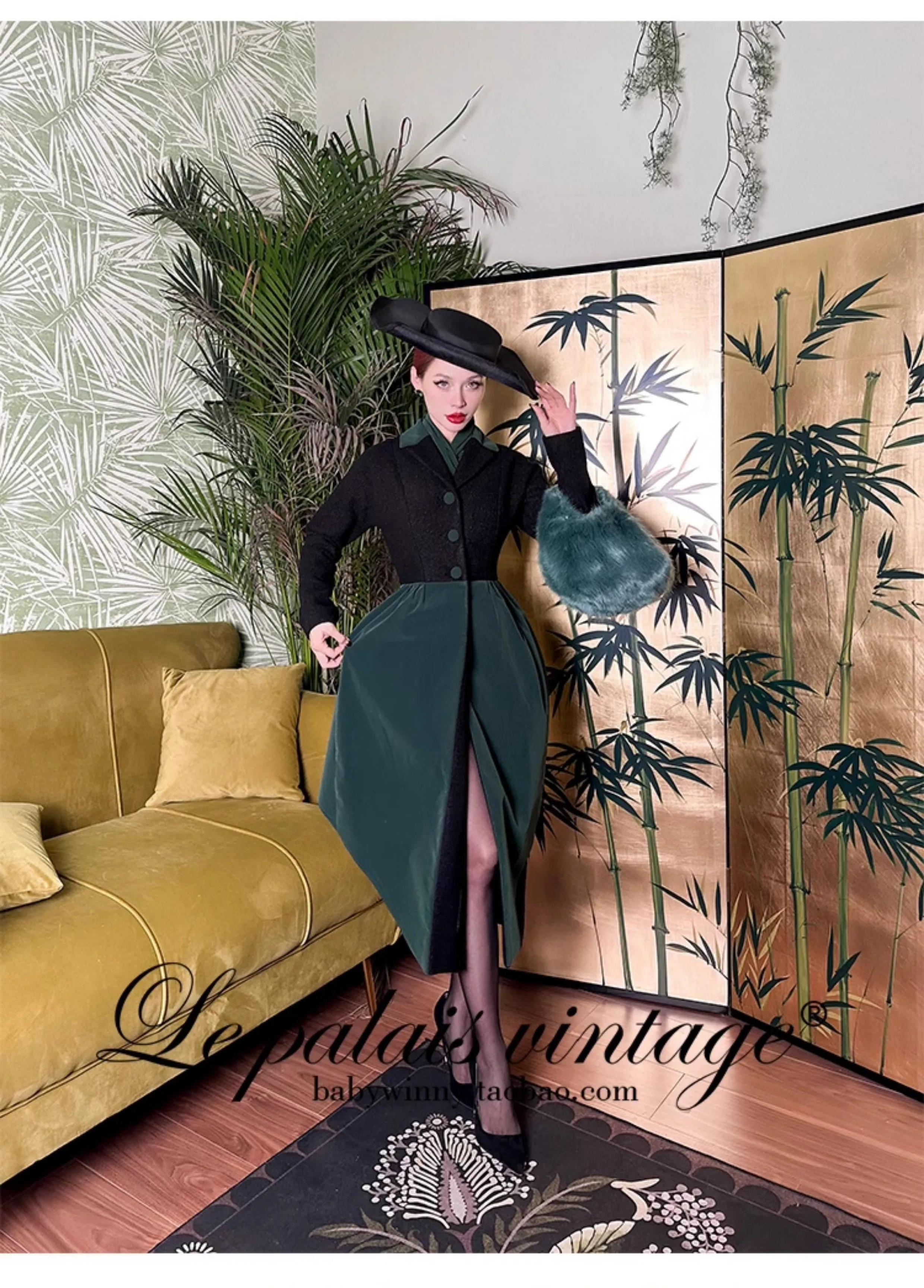 Le Palais Vintage Original Elegant Black Green Velvet Woolen Long Coat-Harriet