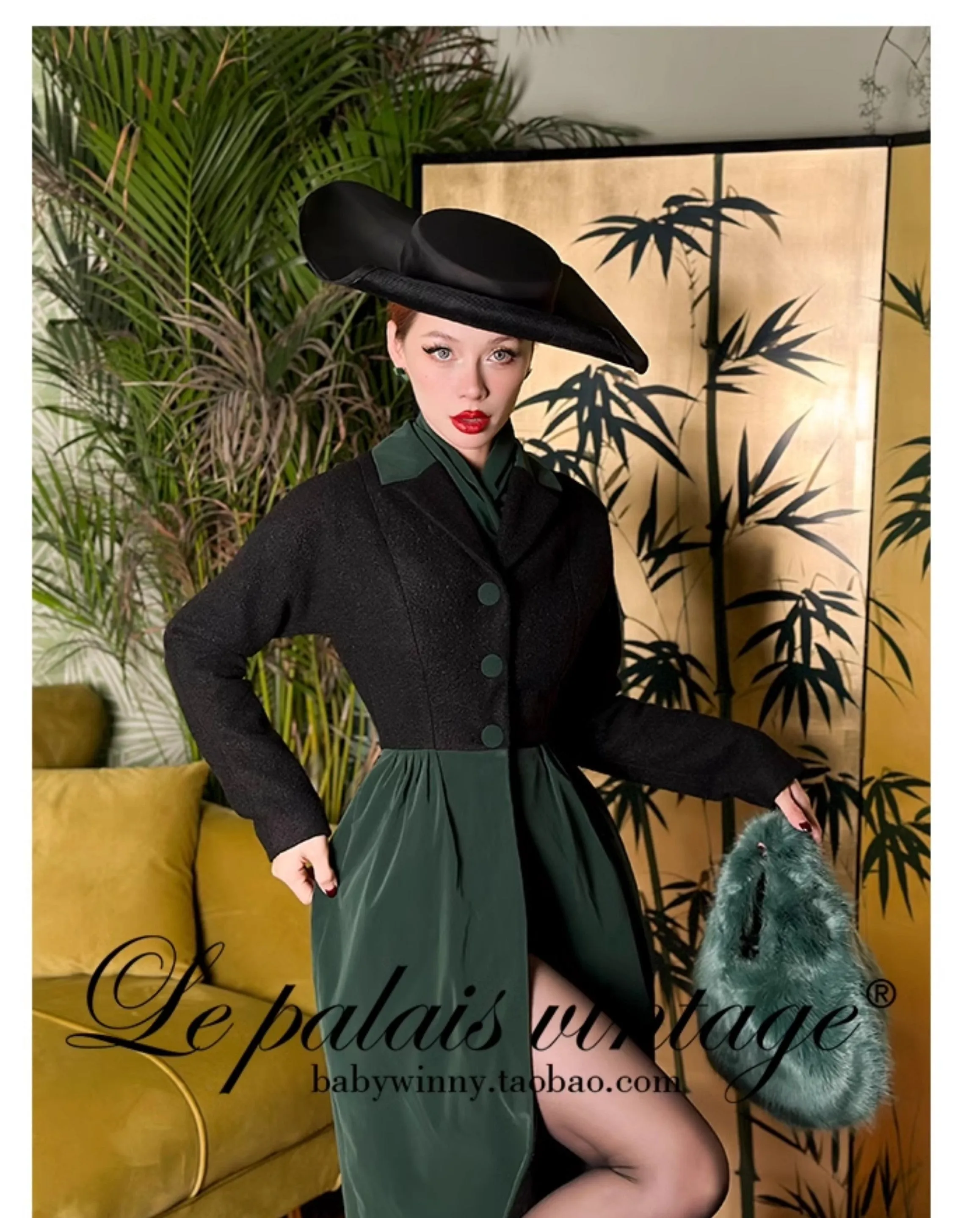 Le Palais Vintage Original Elegant Black Green Velvet Woolen Long Coat-Harriet