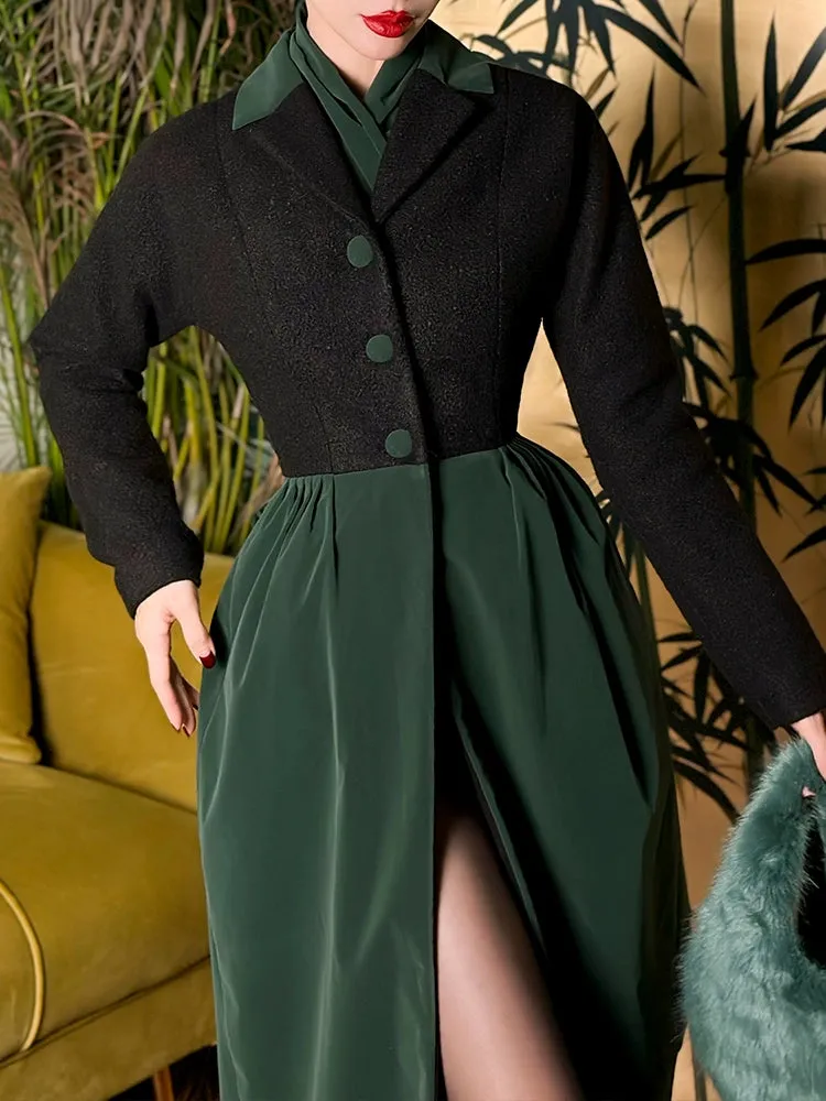 Le Palais Vintage Original Elegant Black Green Velvet Woolen Long Coat-Harriet