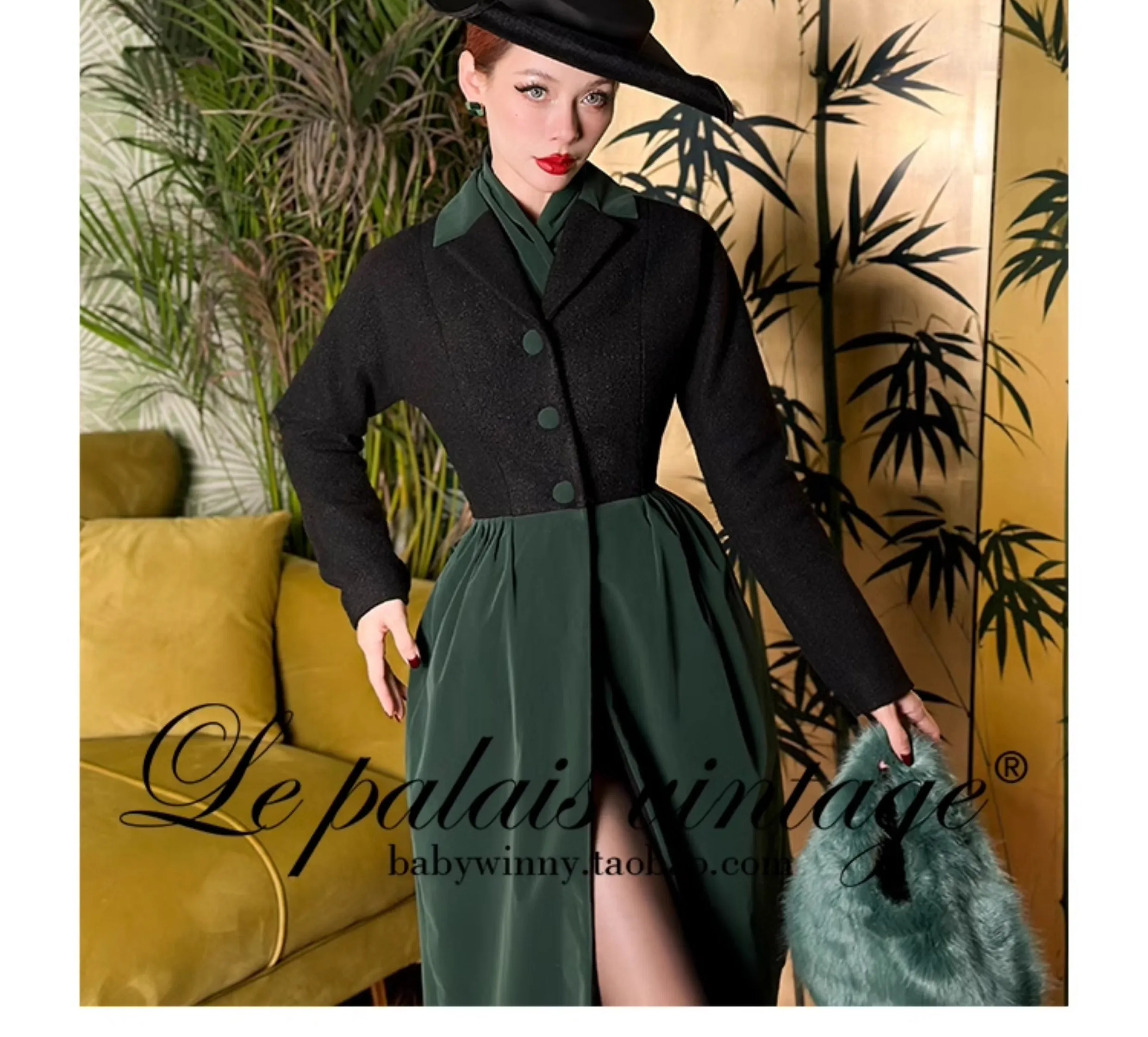 Le Palais Vintage Original Elegant Black Green Velvet Woolen Long Coat-Harriet