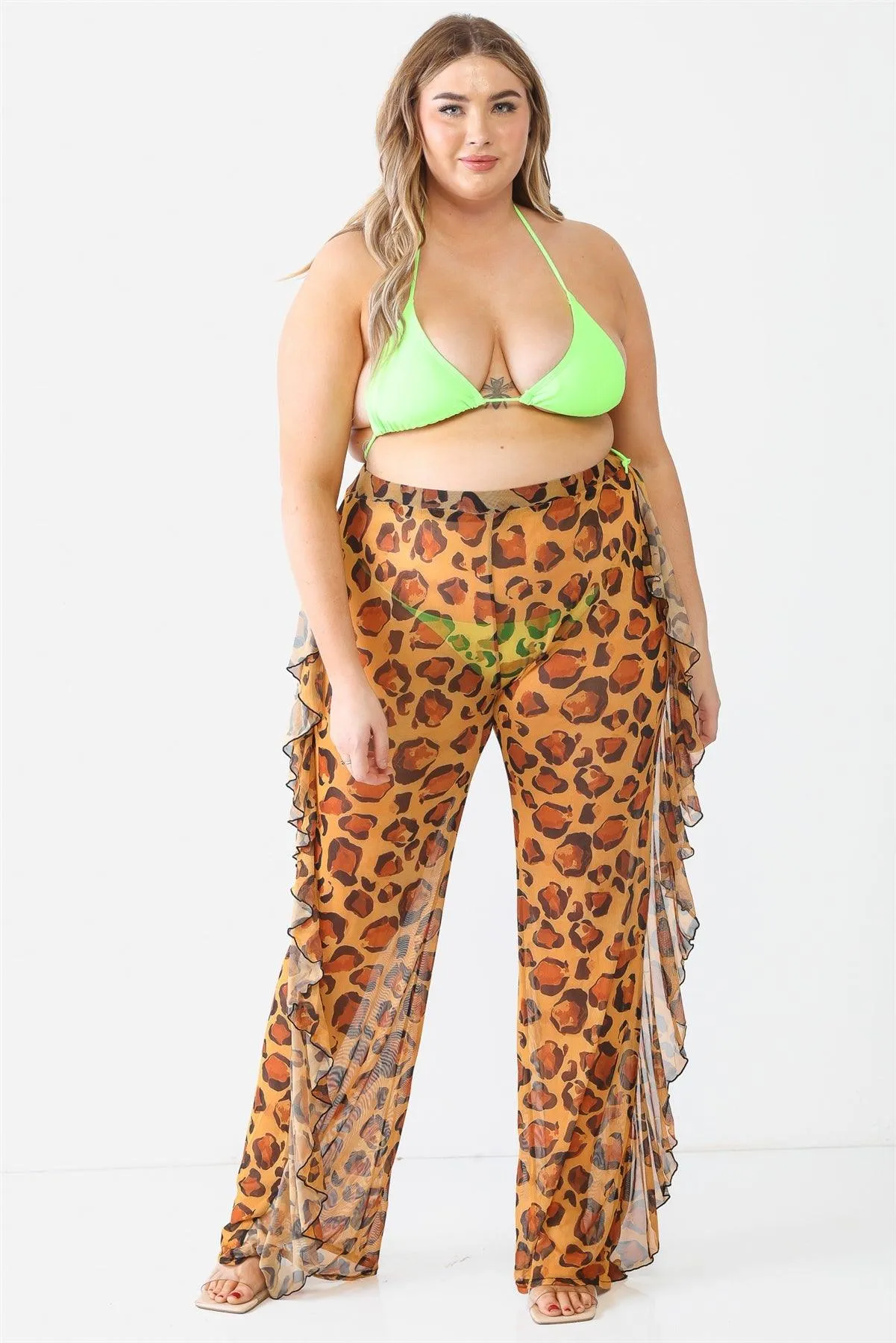 Leopard Mesh See Through Cover Up Sexy Ruffle Pants