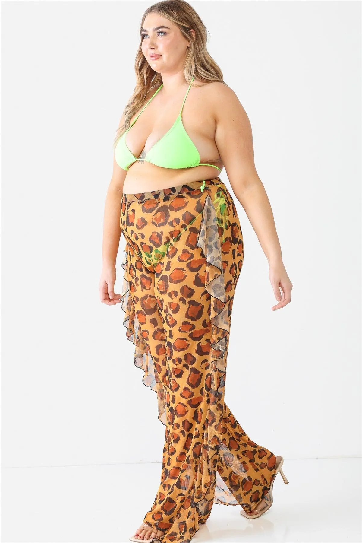 Leopard Mesh See Through Cover Up Sexy Ruffle Pants