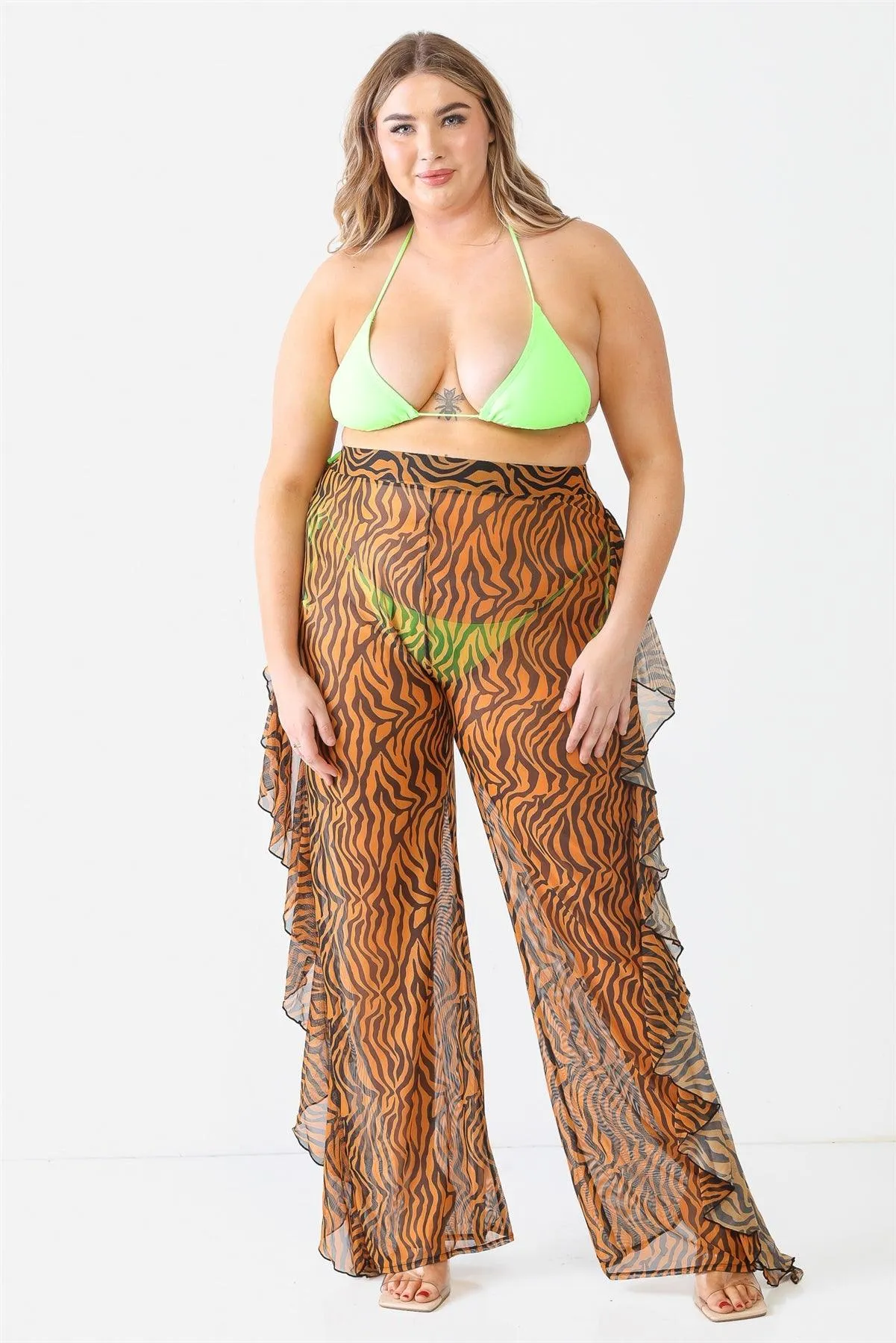 Leopard Mesh See Through Cover Up Sexy Ruffle Pants