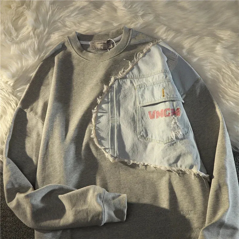 Light Blue Chic Female Denim Hoodies Loose Letter Pullovers O-neck Casual Women Hoodie Winter Fashion Basic Office Ladies