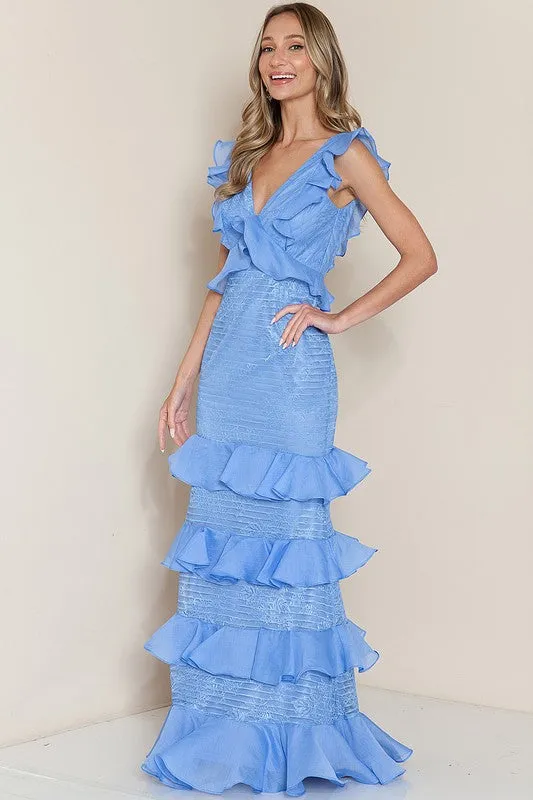 Light Blue Ruffle Layered Maxi Dress