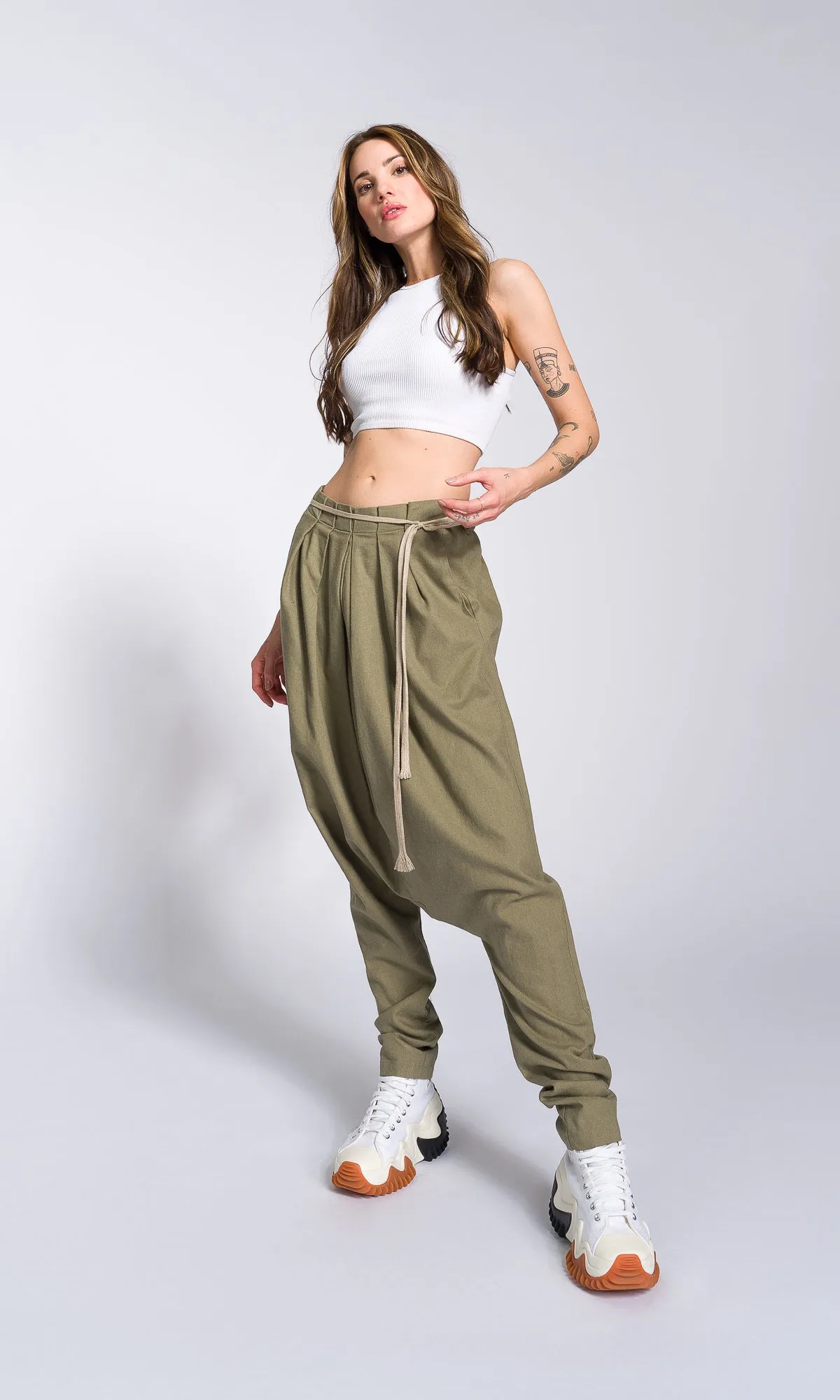 Linen Drop Crotch Pants with Front Pleats